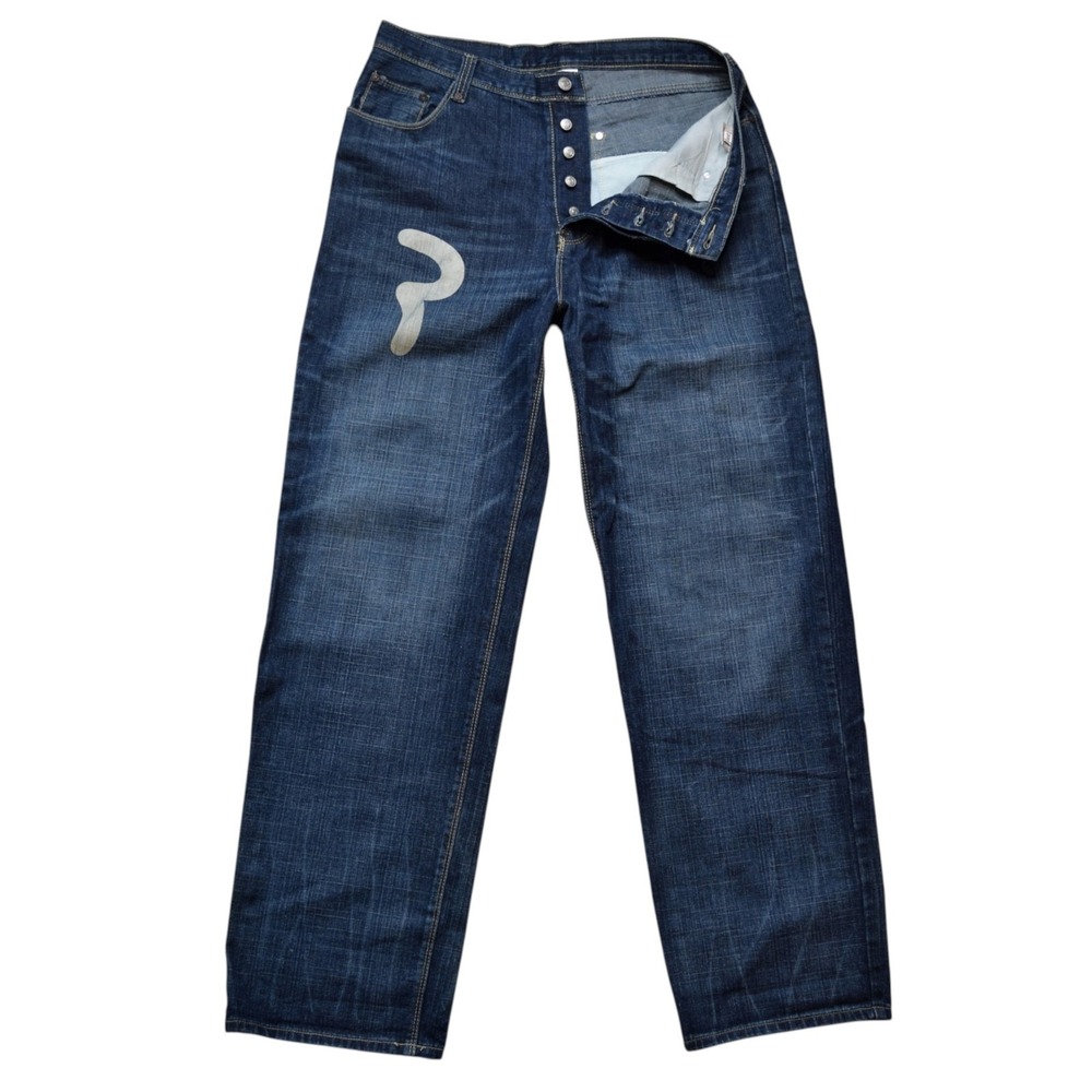 Evisu Lot 0001 Mens Sz 34 Distressed Denim Daicock Jeans Button Fly Seagull Logo
